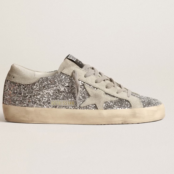 Golden Goose Super-Star Sneakers in silver glitter with ice-gray suede star - Picture 1 of 8